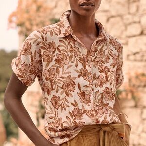 Garnet Hill Vella Organic-Cotton Button-Down Blouse Orange Cream XS l Like New